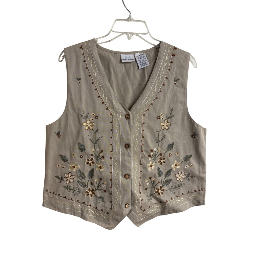 Bobbie Brooks Floral Embroidered Cotton Vest Beige V-Neck Prairie Folk Size M
